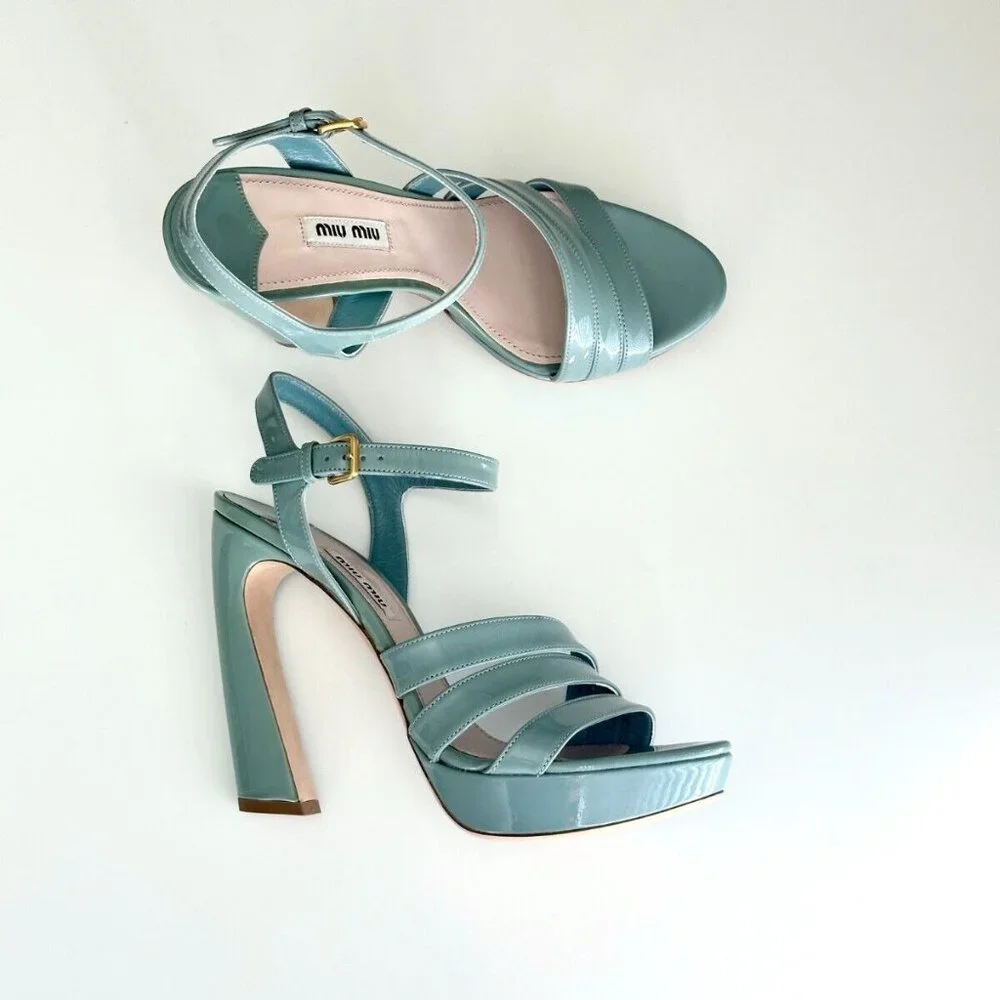NEW MIU MIU Seafoam Blue Patent Leather Ankle Strap Platform Sandals Size 8.5